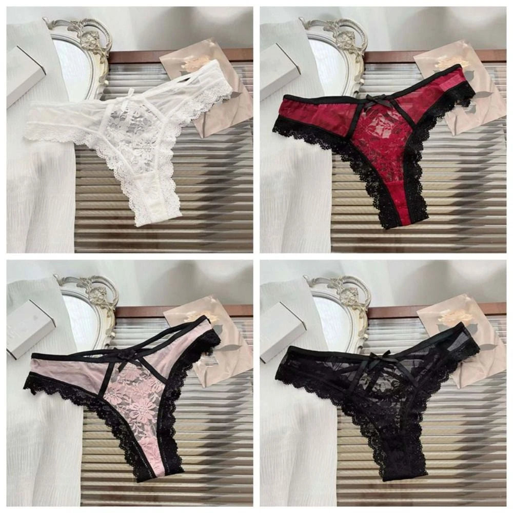 Patchwork Mesh Floral Bowknot Panties Thong Hollow Out Lace Flower Transparent Briefs Cotton Crotch Female Lingerie Lady