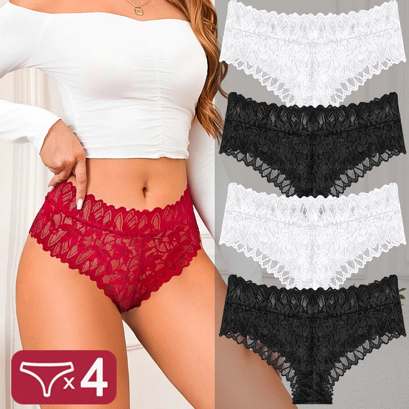 4PCS Women Floral Lace Panties Sexy Perspective G-String High Waist Solid Color Underpants Female Breathable Intimates Lingerie