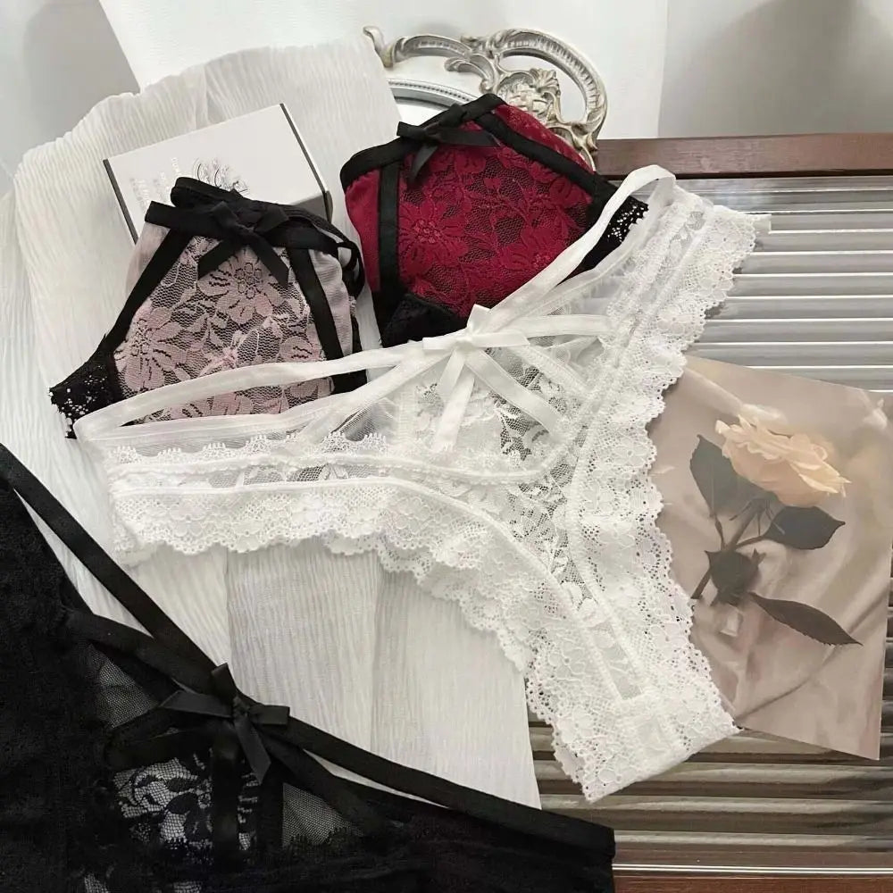 Patchwork Mesh Floral Bowknot Panties Thong Hollow Out Lace Flower Transparent Briefs Cotton Crotch Female Lingerie Lady
