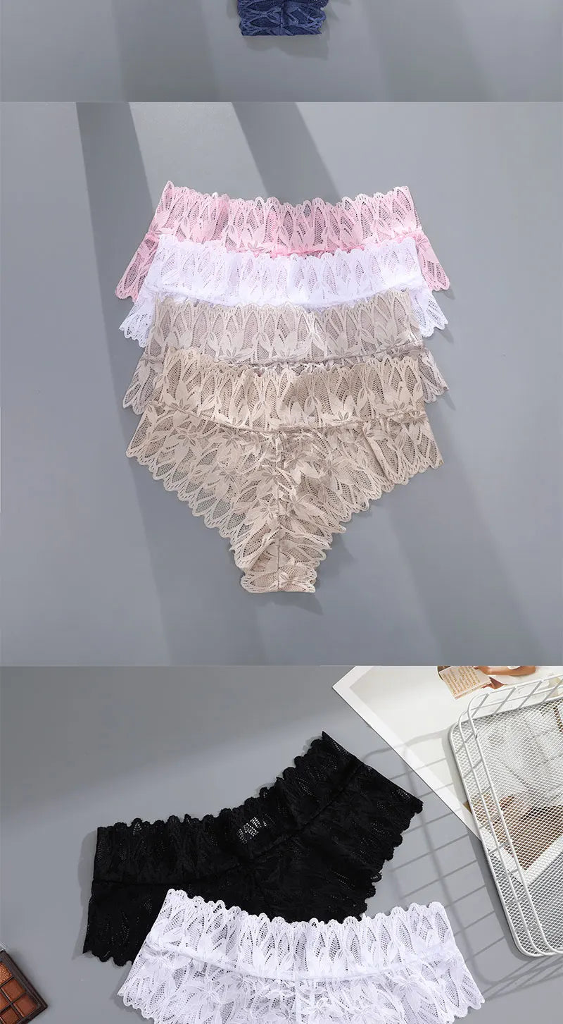 4PCS Women Floral Lace Panties Sexy Perspective G-String High Waist Solid Color Underpants Female Breathable Intimates Lingerie