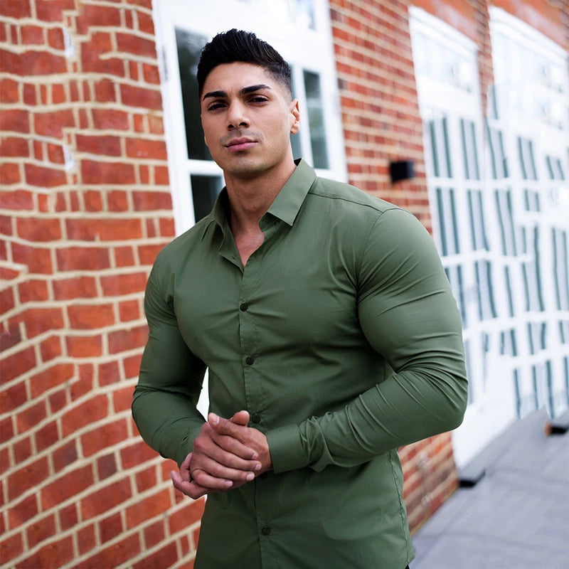 Long Sleeve Solid Shirt Super Slim Fit Male Social Business Dress Brand Men Fitness Men's Casual Sports Shirts Sports Clothing