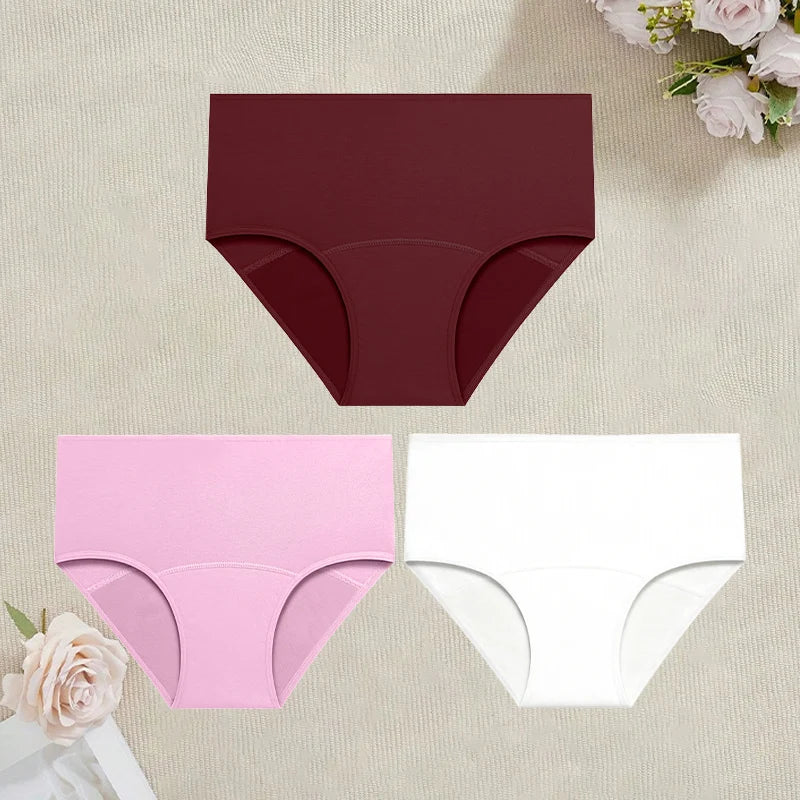 3Pcs/Set Cotton High Waist Physiological Panties For Women Solid Color Leakproof Breathable Underwear Menstrual Period Lingerie