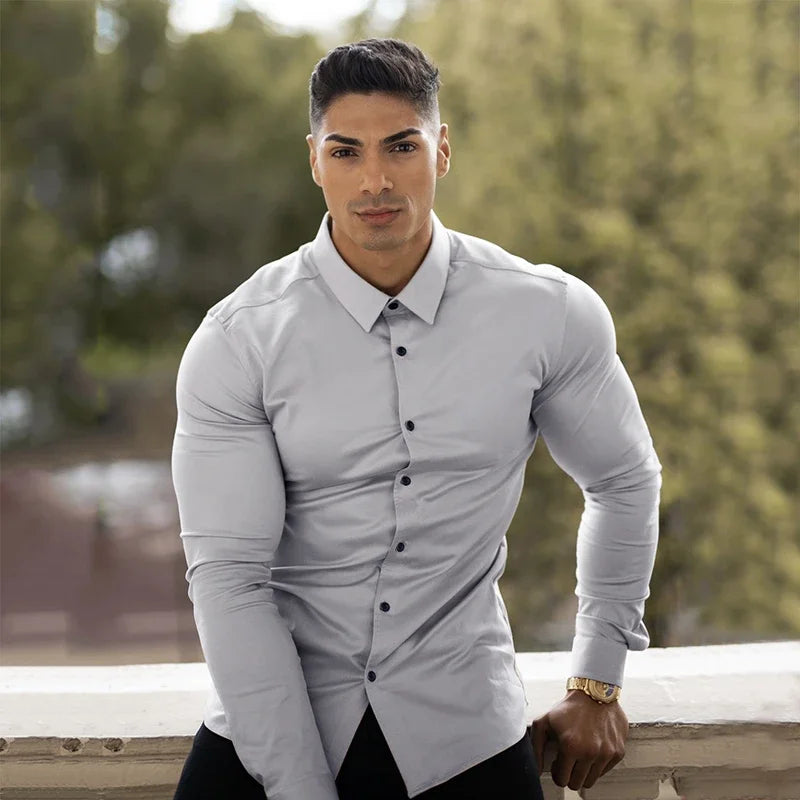 Long Sleeve Solid Shirt Super Slim Fit Male Social Business Dress Brand Men Fitness Men's Casual Sports Shirts Sports Clothing