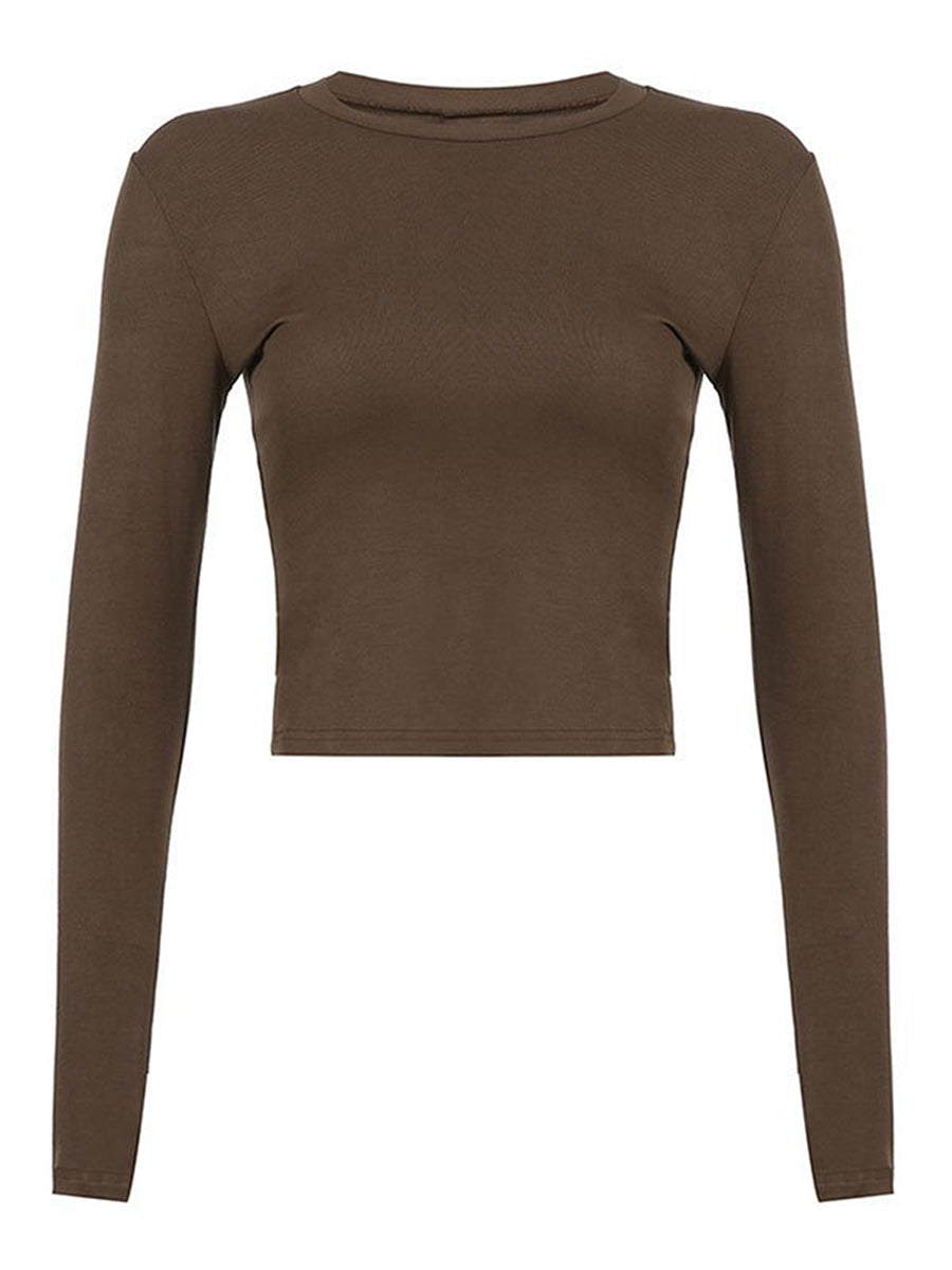 Women Casual Thumb Hole Shirt Trendy  Fit Long Sleeve Round Neck Tops Summer Solid Color Tee