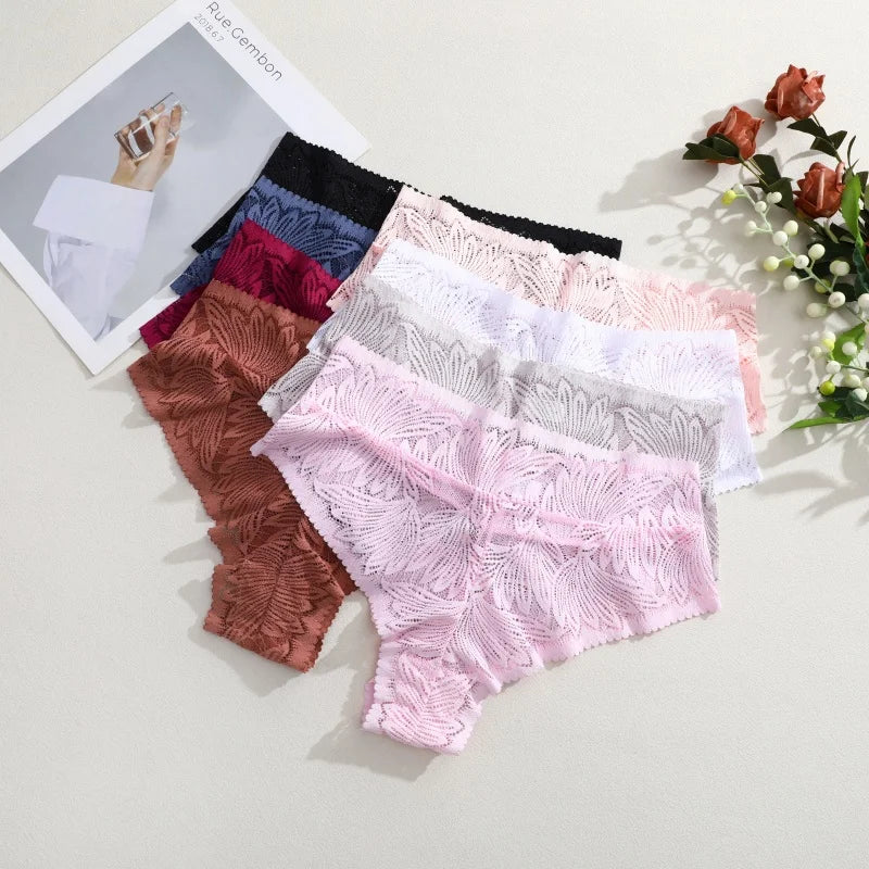 6pcs Women's Sexy Lace Breathable Panties Seamless High Waist Transparent G-String Solid Color Hollow Breathable Underwear S-XXL