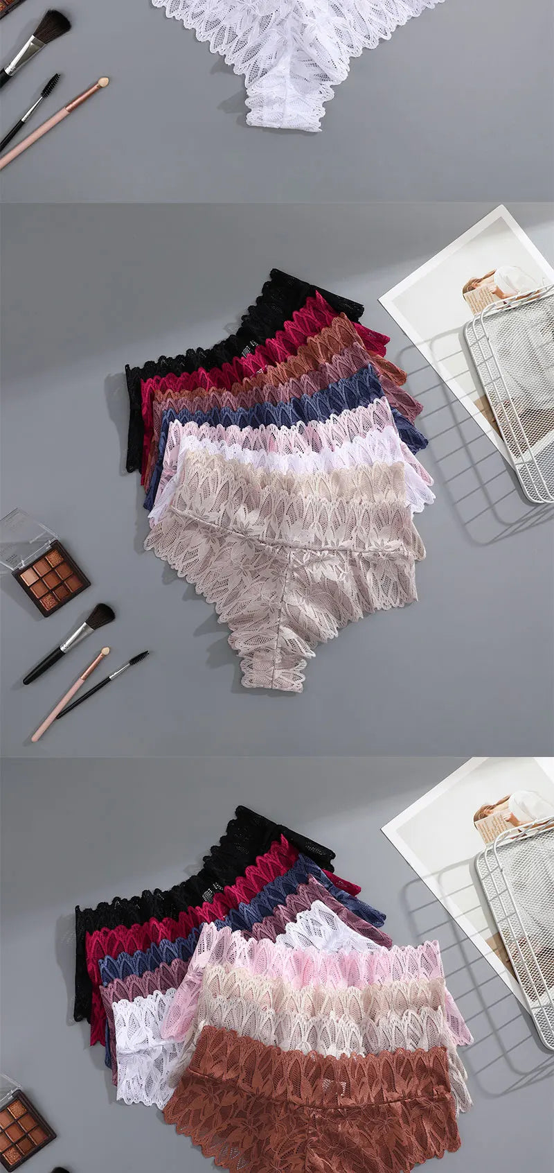 4PCS Women Floral Lace Panties Sexy Perspective G-String High Waist Solid Color Underpants Female Breathable Intimates Lingerie