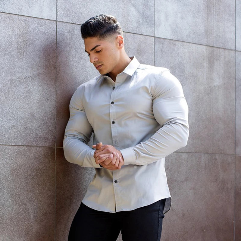 Long Sleeve Solid Shirt Super Slim Fit Male Social Business Dress Brand Men Fitness Men's Casual Sports Shirts Sports Clothing