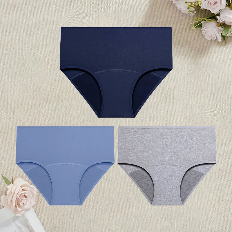 3Pcs/Set Cotton High Waist Physiological Panties For Women Solid Color Leakproof Breathable Underwear Menstrual Period Lingerie