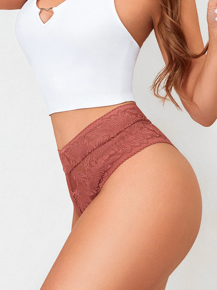 6pcs Women's Sexy Lace Breathable Panties Seamless High Waist Transparent G-String Solid Color Hollow Breathable Underwear S-XXL