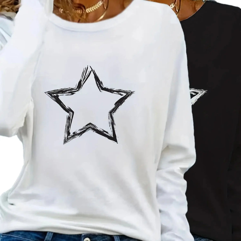 Heart Print Crew Neck T shirt Casual Long Autumn winter top women's long sleeved T-shirt loose comfortable black  white