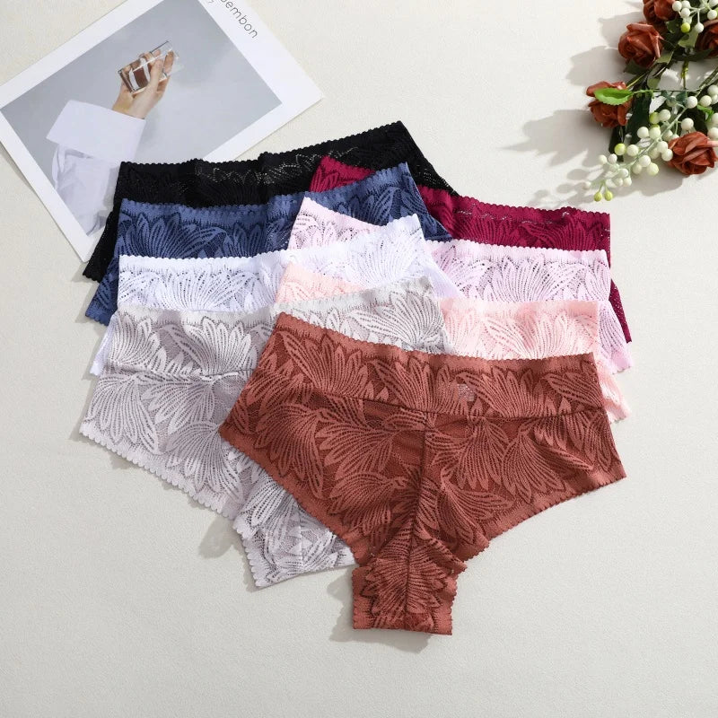 6pcs Women's Sexy Lace Breathable Panties Seamless High Waist Transparent G-String Solid Color Hollow Breathable Underwear S-XXL