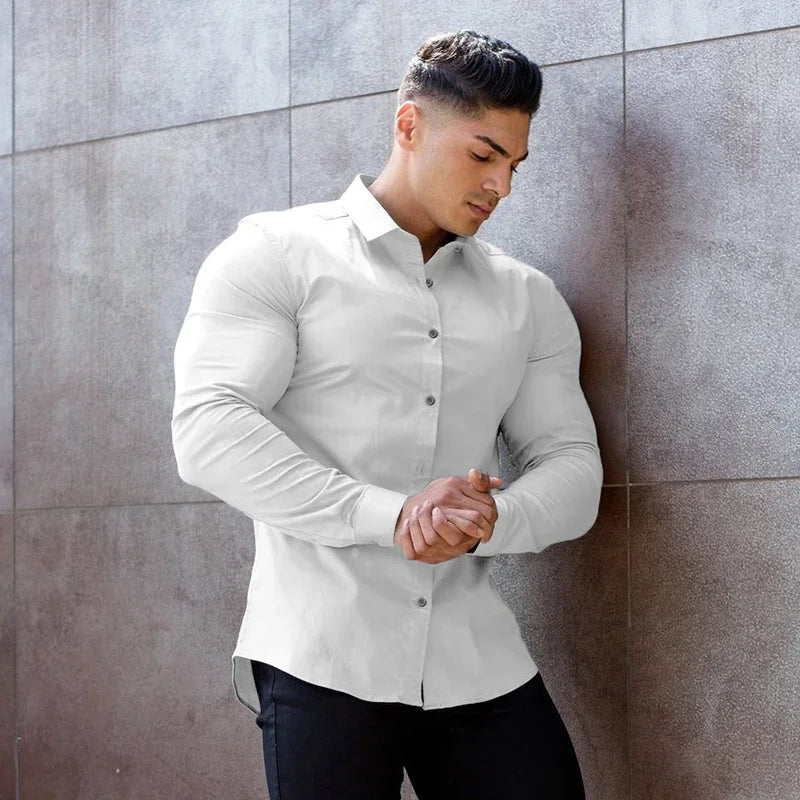 Long Sleeve Solid Shirt Super Slim Fit Male Social Business Dress Brand Men Fitness Men's Casual Sports Shirts Sports Clothing