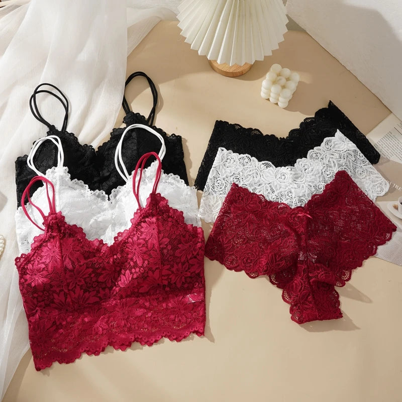 ALLTOOALL Women Sexy Lace Bras Suit Hollow Out Flower Lace Underwear Sets Beautiful Back Tops Panties 2PCS Intimate Set