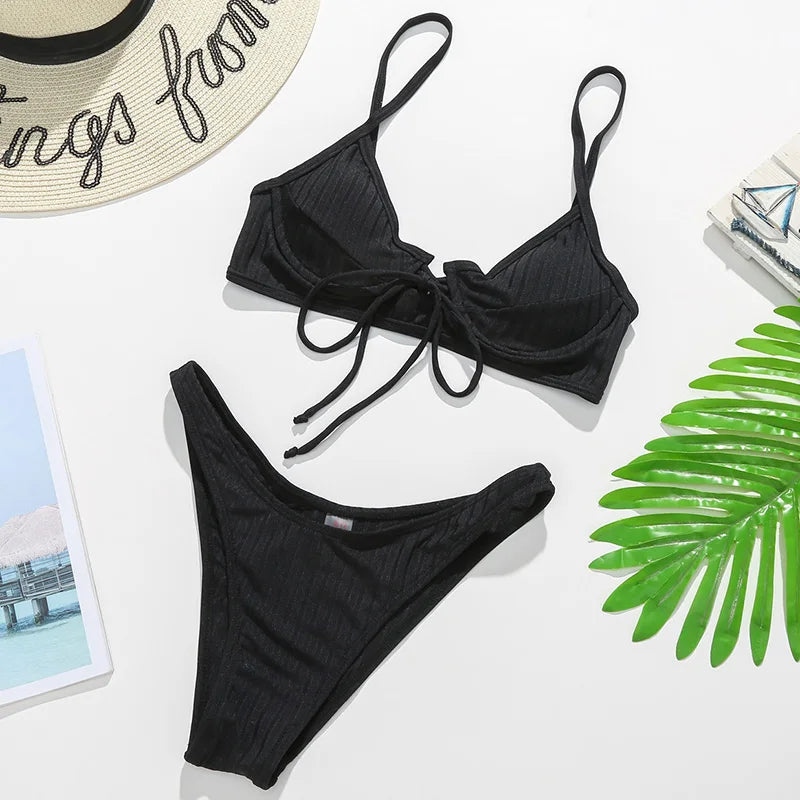 Ribbed Underwired V-Bar Bikini 2025 Women Swimsuit Female Swimwear Two Pieces Bikini Set Knotted Push Up Bathing Suit Swim Lady