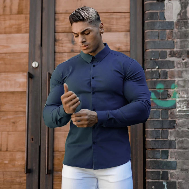 Long Sleeve Solid Shirt Super Slim Fit Male Social Business Dress Brand Men Fitness Men's Casual Sports Shirts Sports Clothing