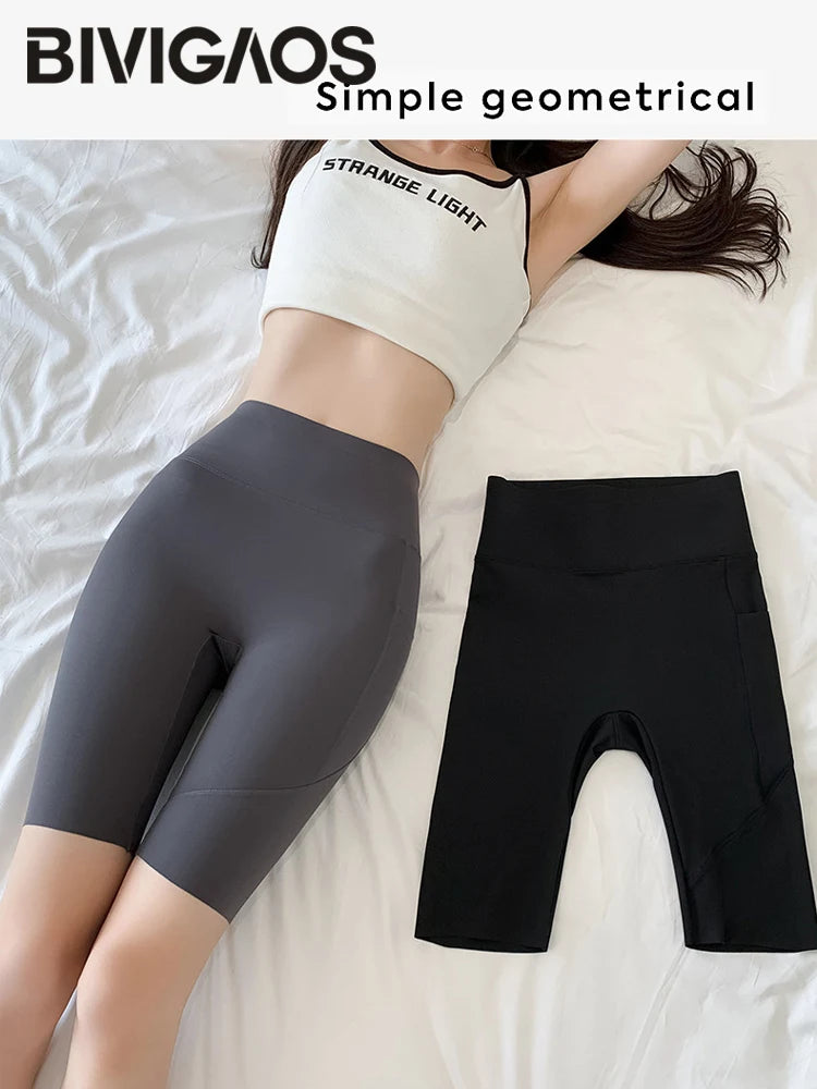BIVIGAOS Side Pocket Biker Sharkskin Shorts Leggings Women Summer High Waist Thin Slim Skinny Yoga Running Sport Cycling Shorts